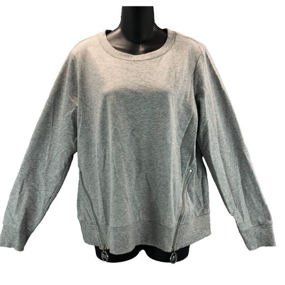 Michael Kors MK Logo Womens Sz L Crew Neck Pullover Sweatshirt Zipper Tabs Gray - Picture 1 of 13